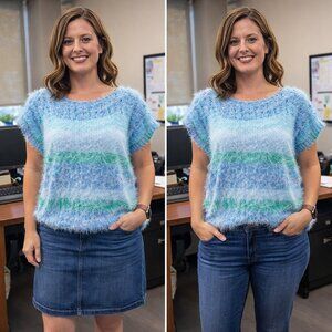 Hand Crafted Knit Furry Sweater Top Short Sleeve Cropped Crop